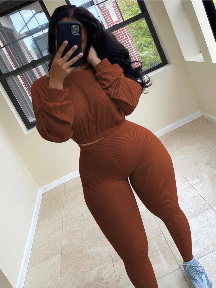 Two Pieces Ribbed Knit Top Skinny Pants