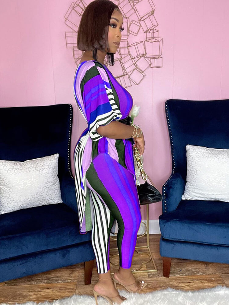 Two Piece Printed Irregular Top Skinny Long Pants