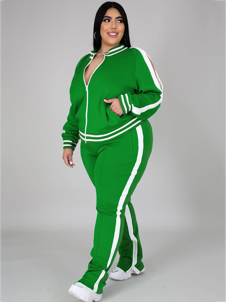 Plus Size Cold Shoulder Jacket Pants Set