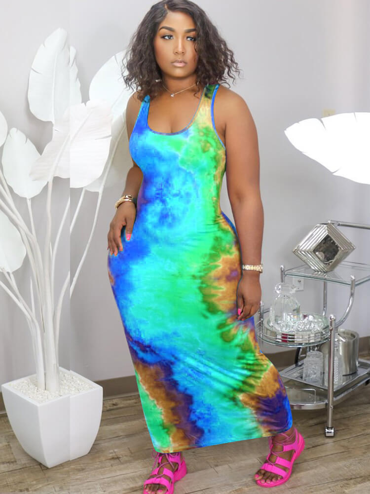 Plus Size Tie Dye Print Bodycon Maxi Dress