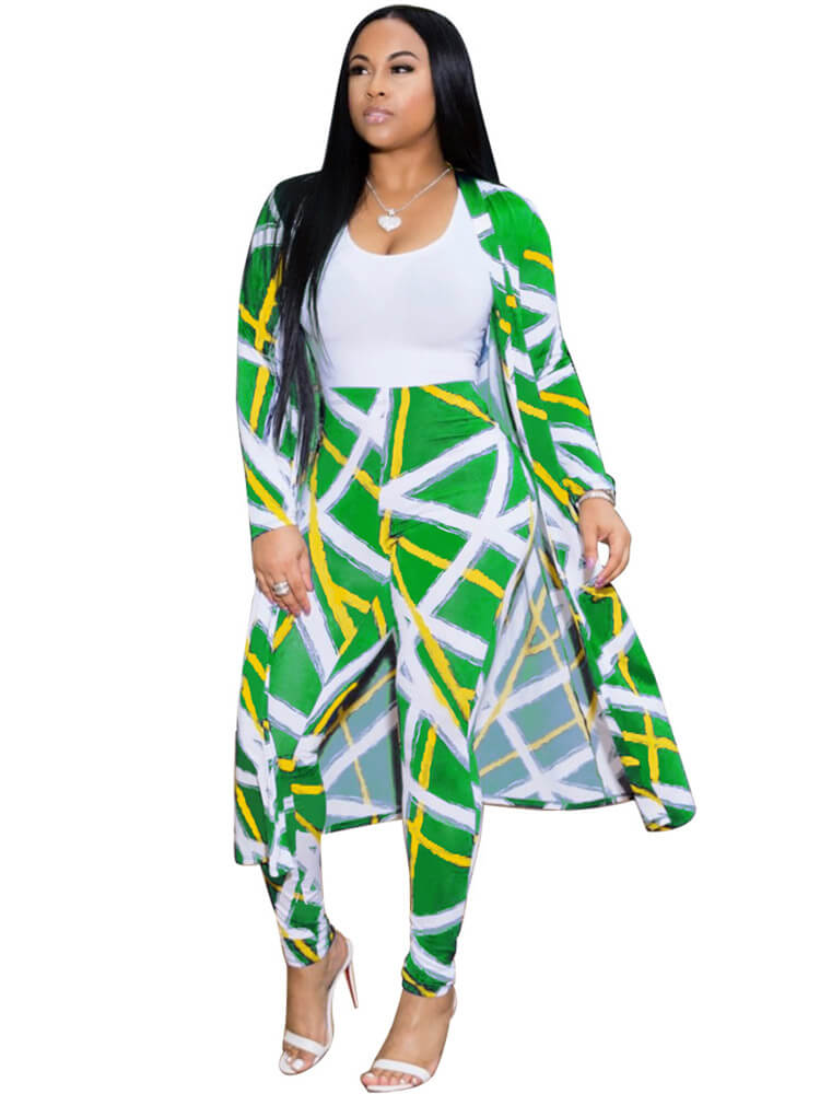 2 Pieces Stripe Print Cardigan Cover-Up+Pants