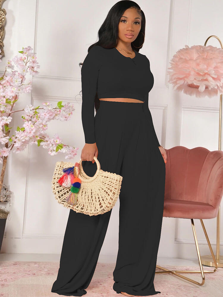 Two Piece Long Sleeve Crop Top Wide Leg Pants