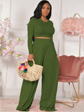 Two Piece Long Sleeve Crop Top Wide Leg Pants