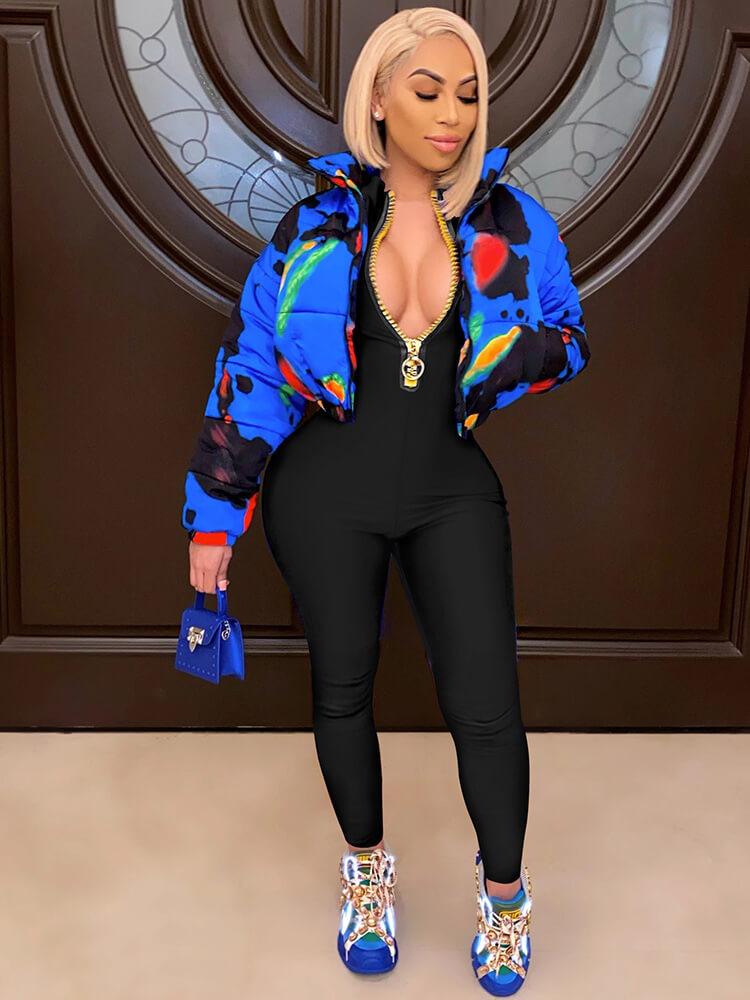 One Piece Front Zipper Solid Color Bodycon Jumpsuit