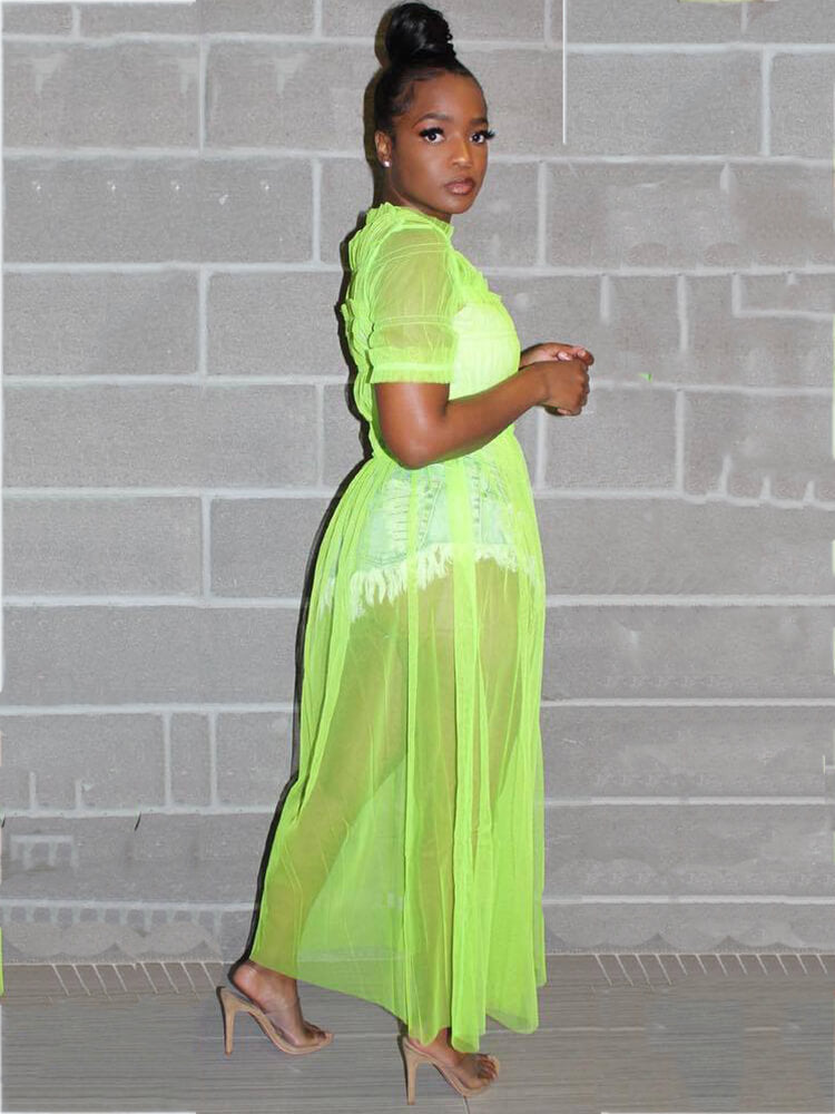 Solid Color Mesh Ruched Maxi Dress Cover Up