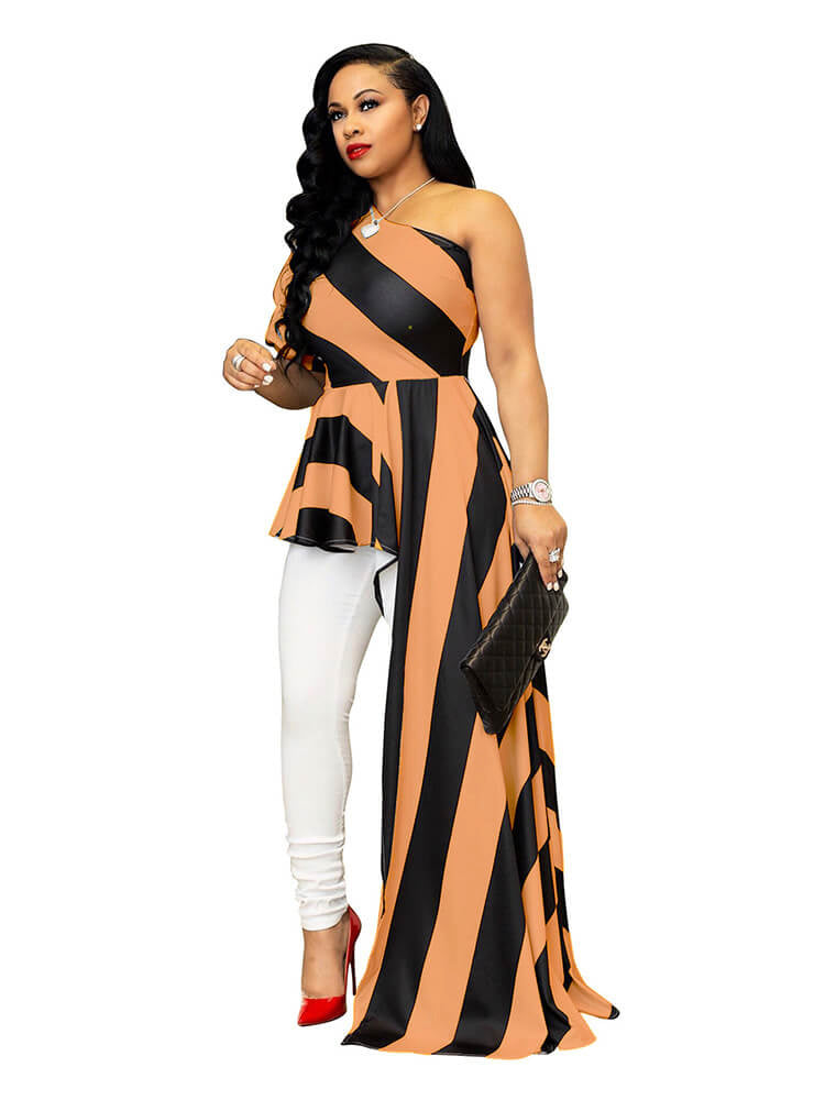 Striped One Shoulder High Low Irregular Top Dress