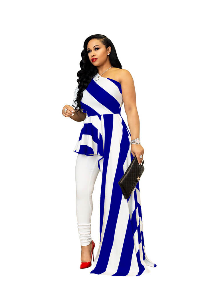 Striped One Shoulder High Low Irregular Top Dress