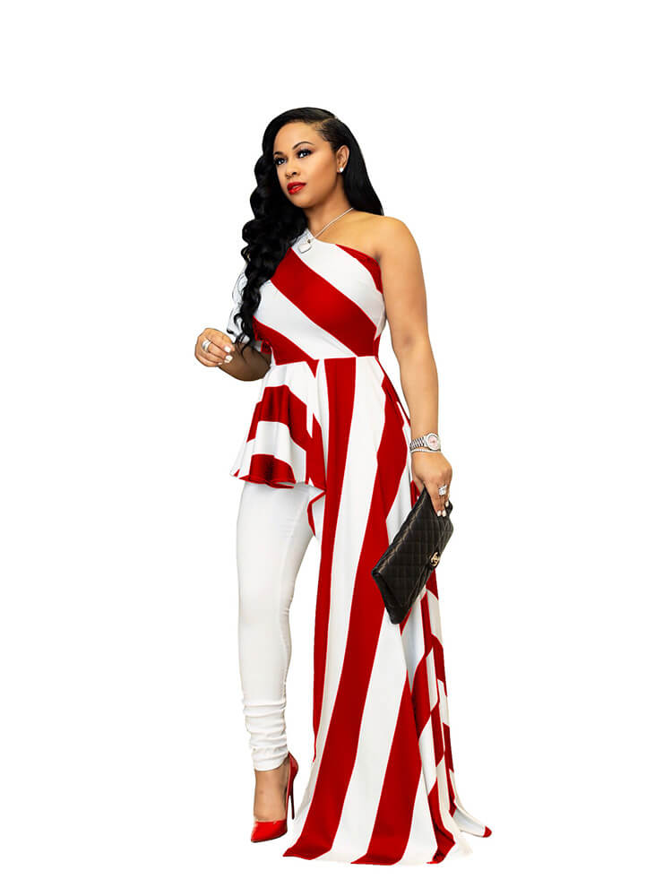 Striped One Shoulder High Low Irregular Top Dress