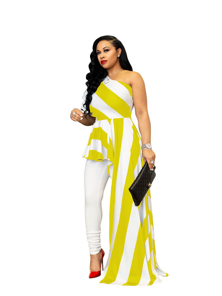Striped One Shoulder High Low Irregular Top Dress