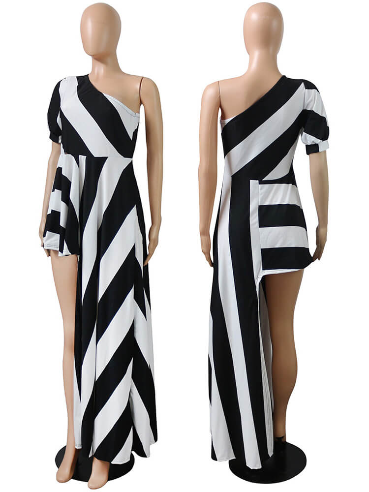 Striped One Shoulder High Low Irregular Top Dress