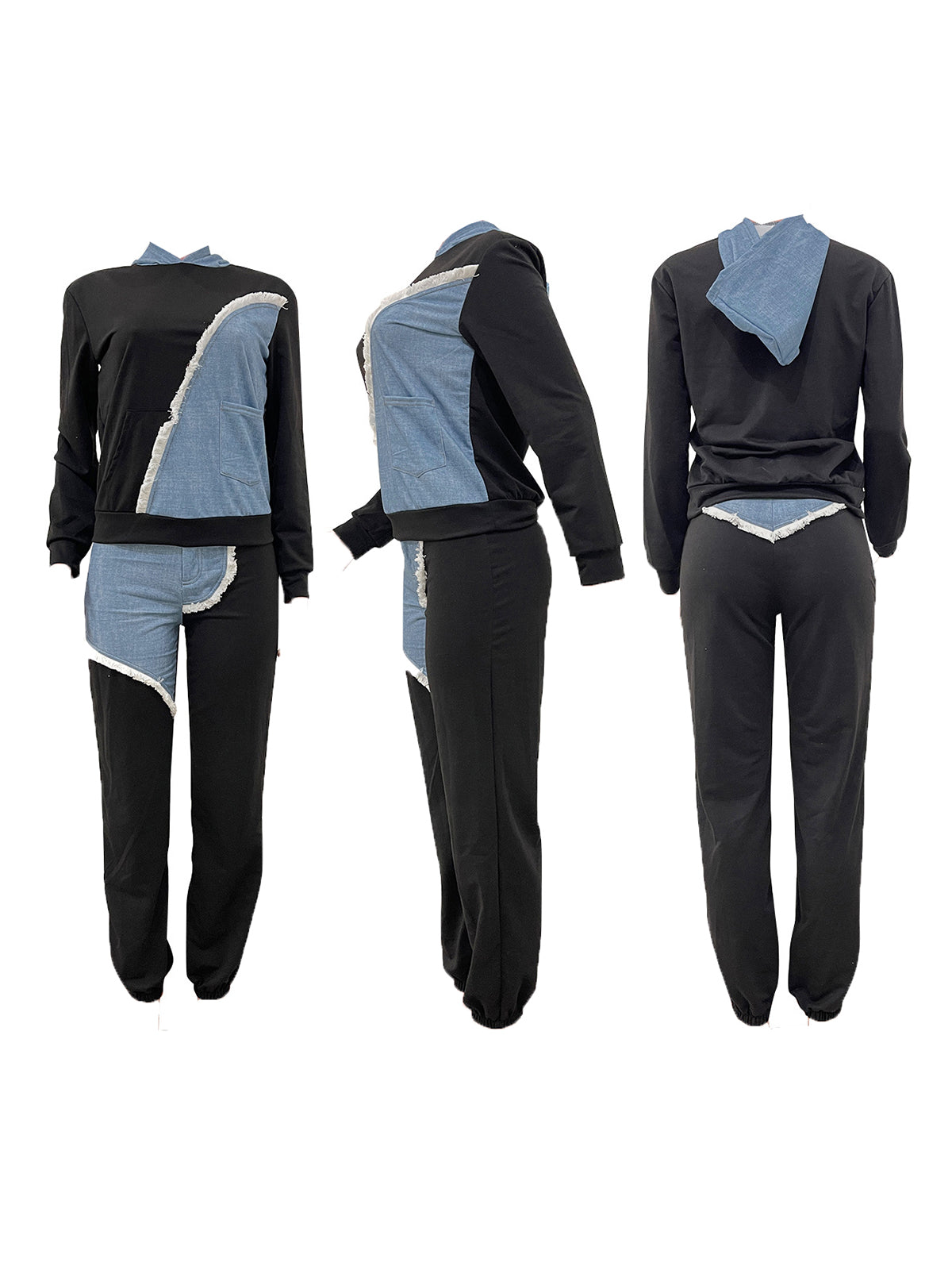 Denim Patchwork Hoodies Pant Set