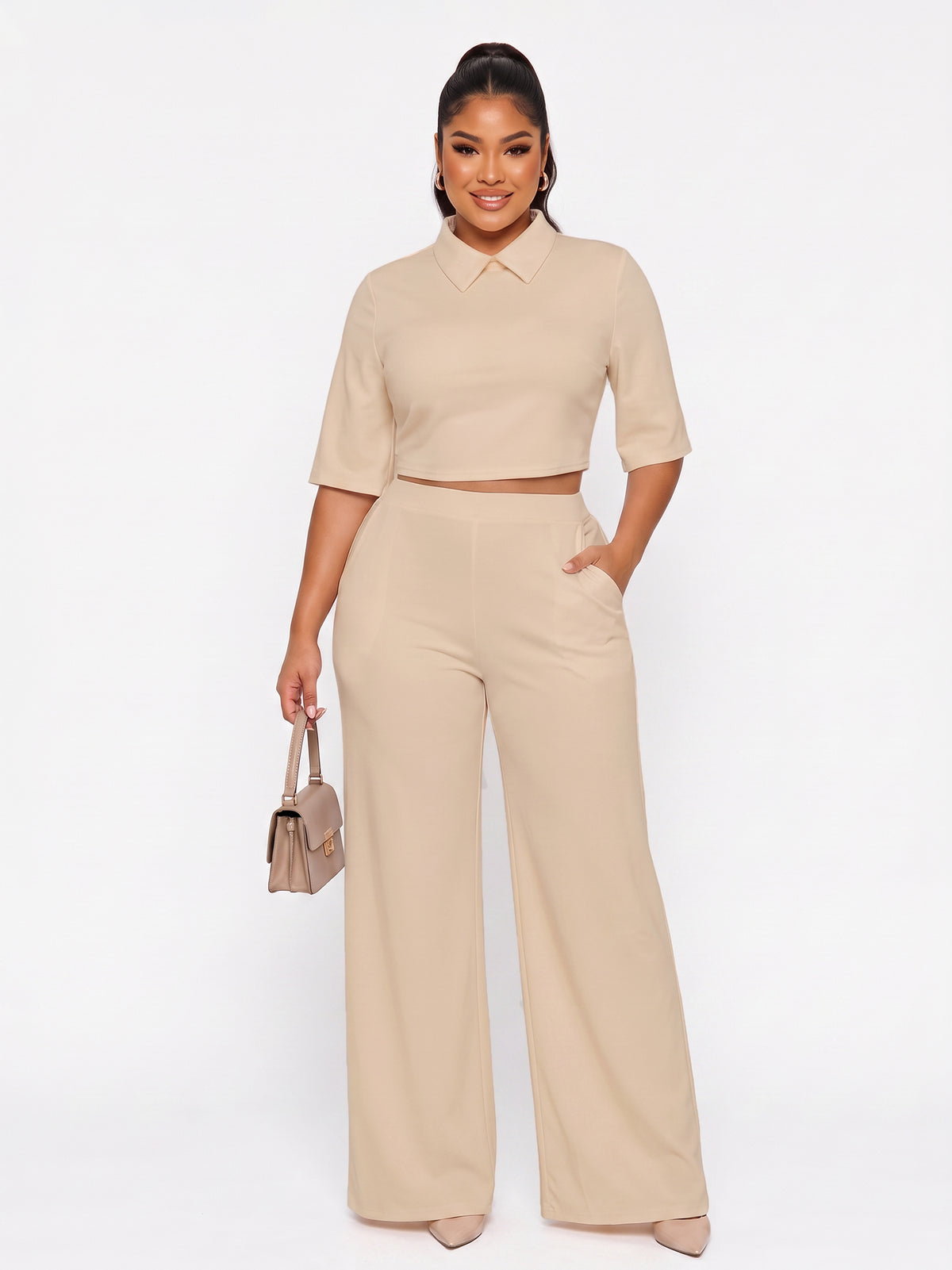 Lapel Batwing Sleeve Wide Leg Pants Set