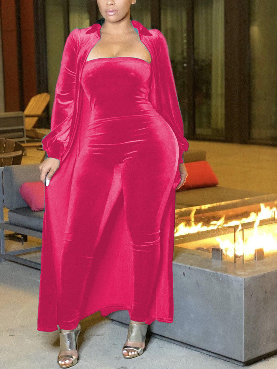 Two-Piece Velvet Cardigan & Tube Jumpsuit