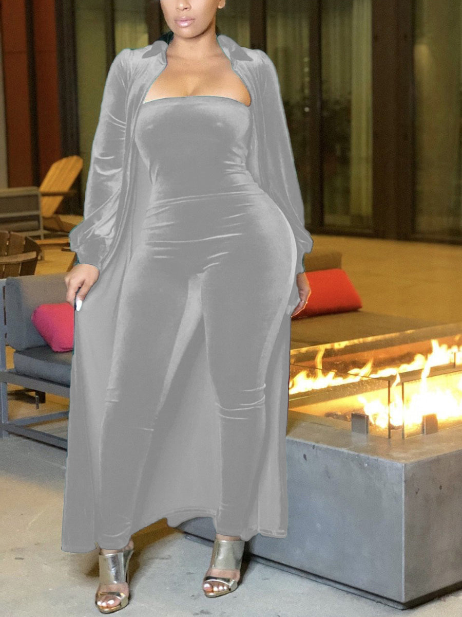 Two-Piece Velvet Cardigan & Tube Jumpsuit