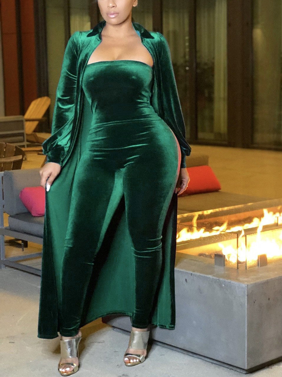 Two-Piece Velvet Cardigan & Tube Jumpsuit