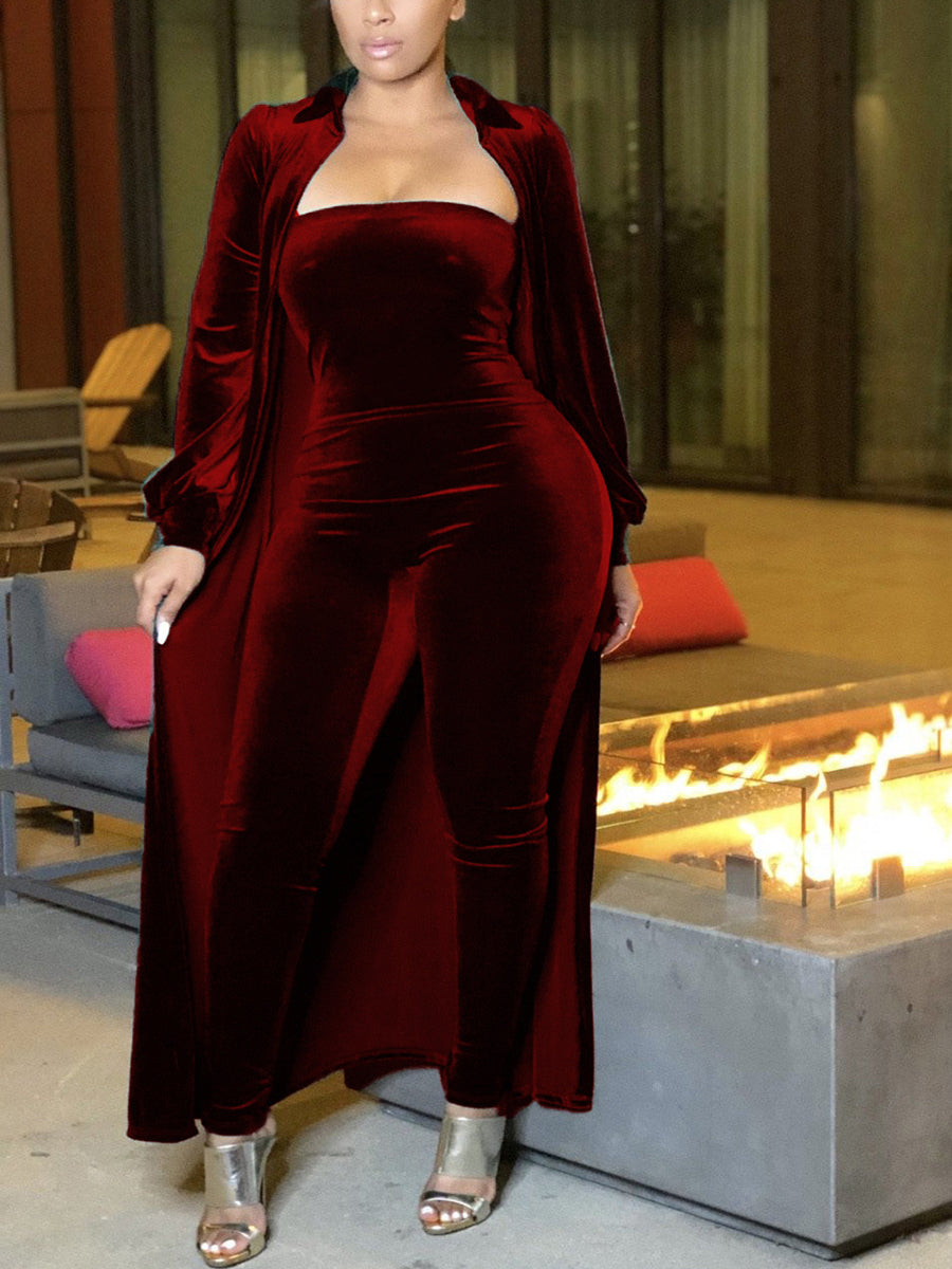 Two-Piece Velvet Cardigan & Tube Jumpsuit