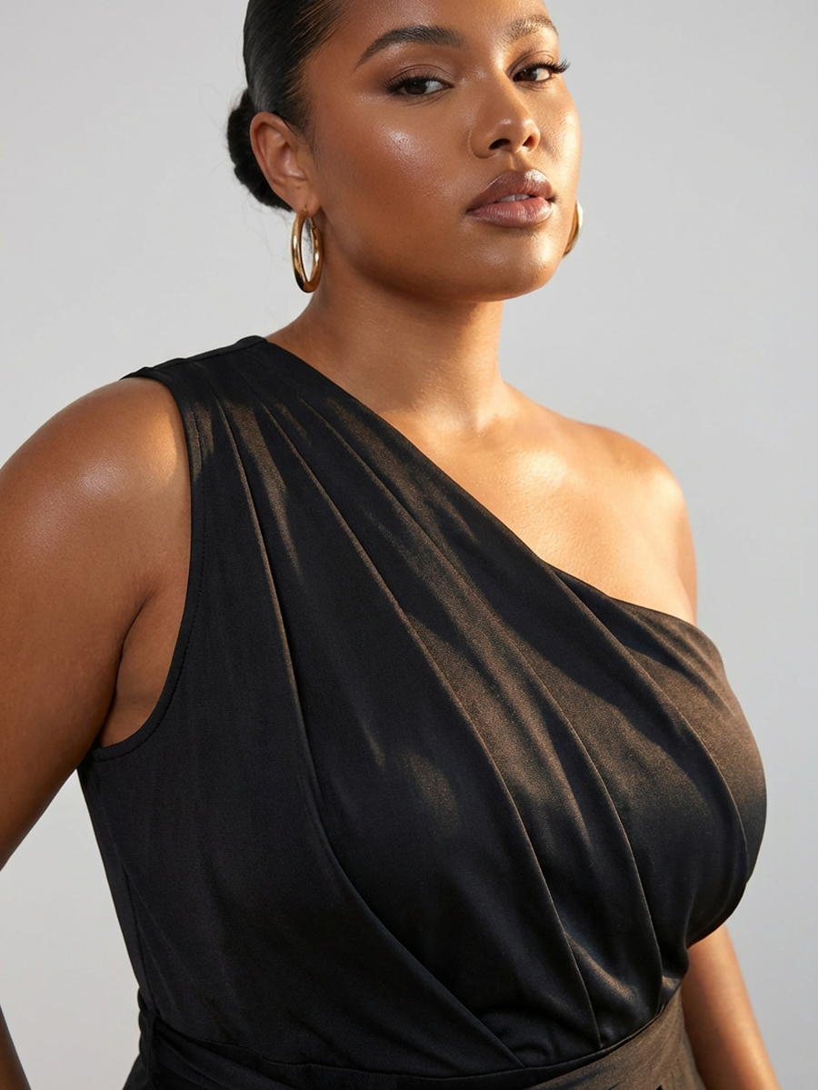 Plus Size One Shoulder Asymmetric Midi Dress