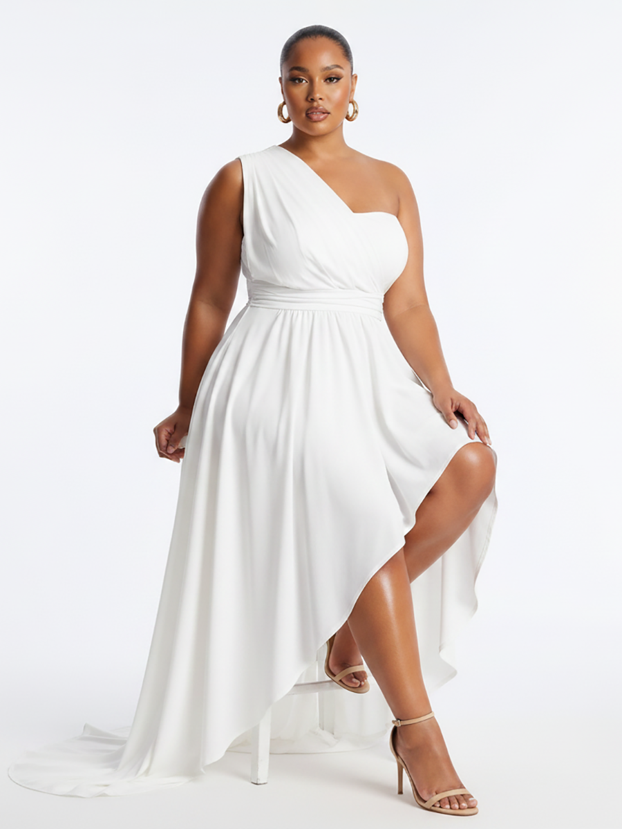 Plus Size One Shoulder Asymmetric Midi Dress