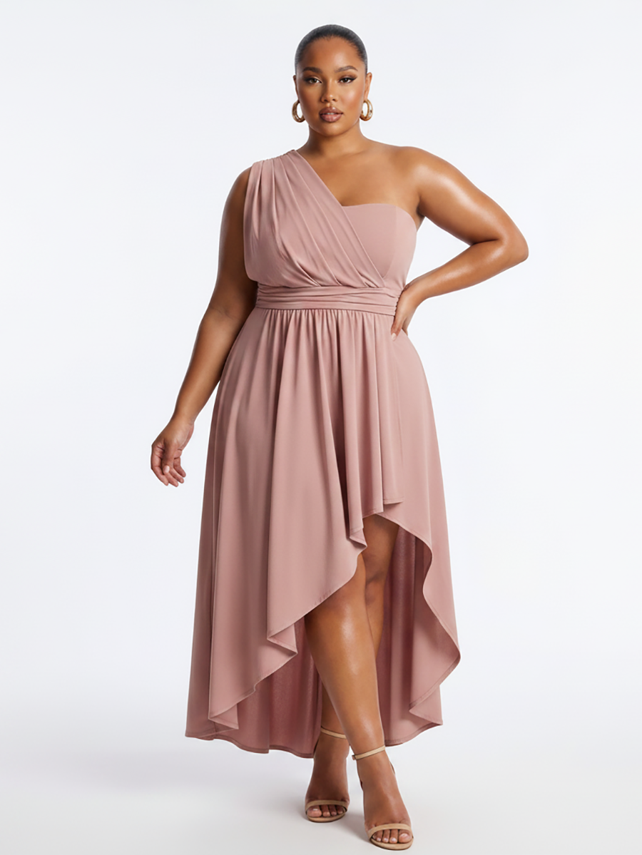 Plus Size One Shoulder Asymmetric Midi Dress