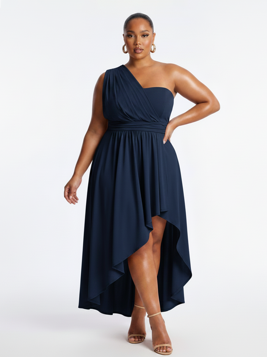 Plus Size One Shoulder Asymmetric Midi Dress