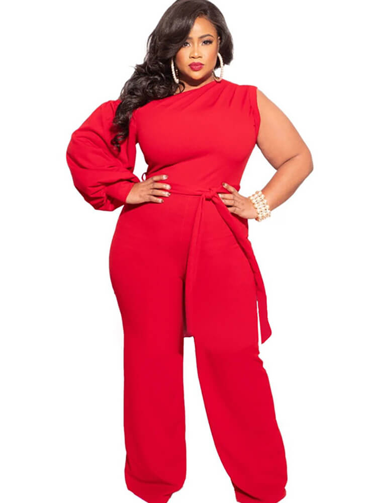 Plus Size Puff Sleeve Belted Wide Leg Pant Jumpsuit