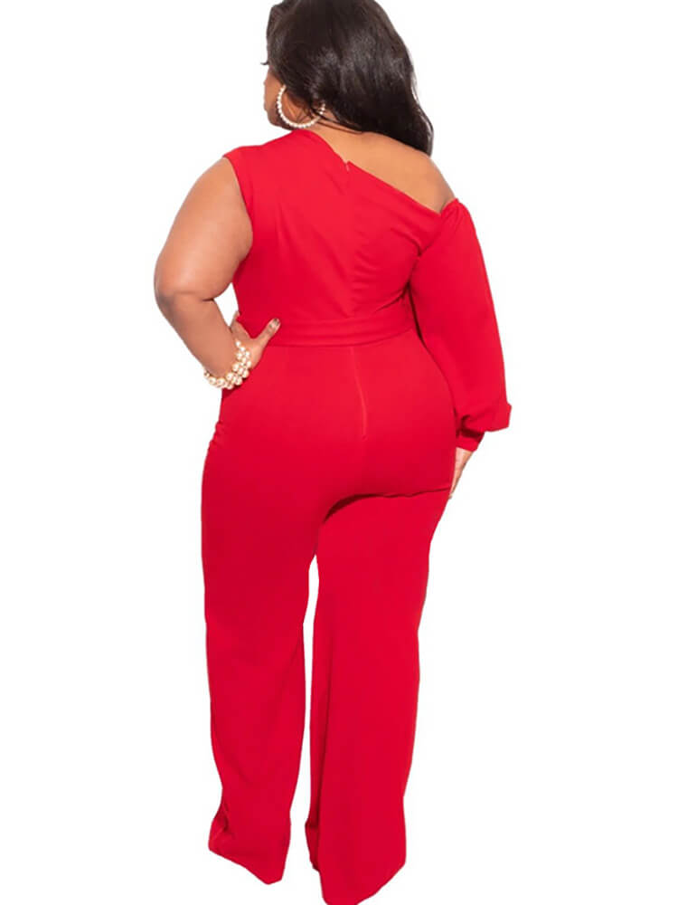 Plus Size Puff Sleeve Belted Wide Leg Pant Jumpsuit