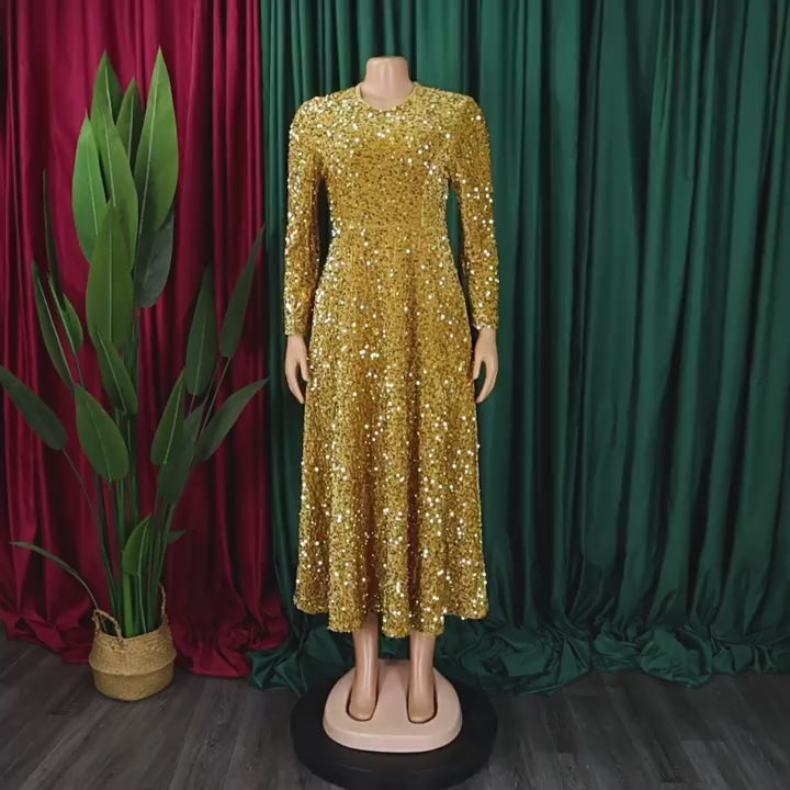 Long Sleeve Solid Color Sequin Dress