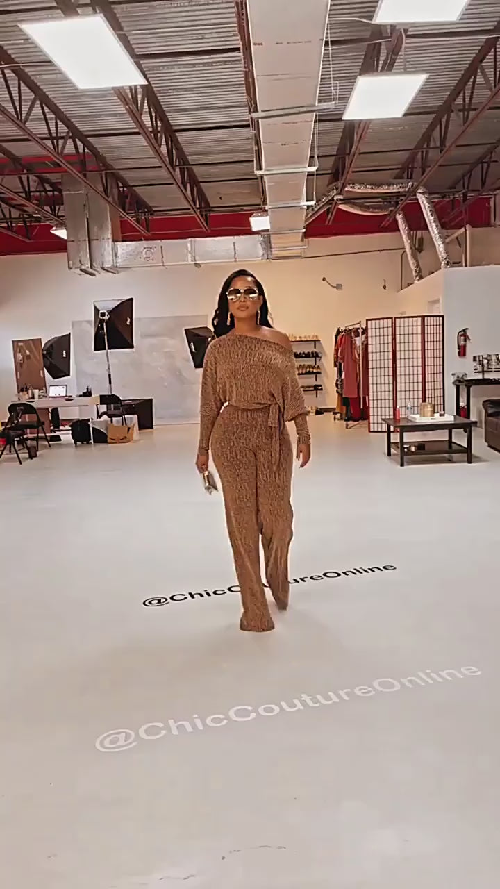 Metallic Off-Shoulder Wide-Leg Jumpsuit