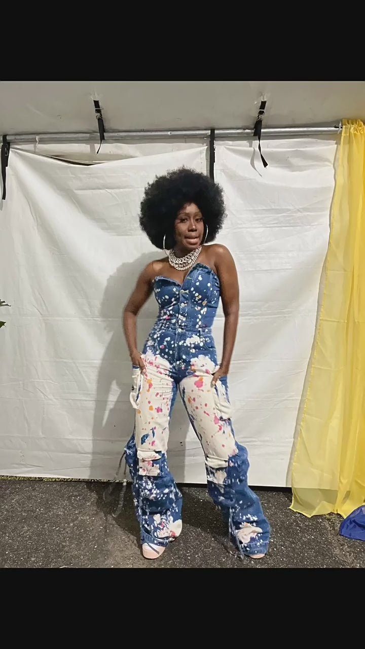 Strapless Color Paint Cargo Denim Jumpsuit