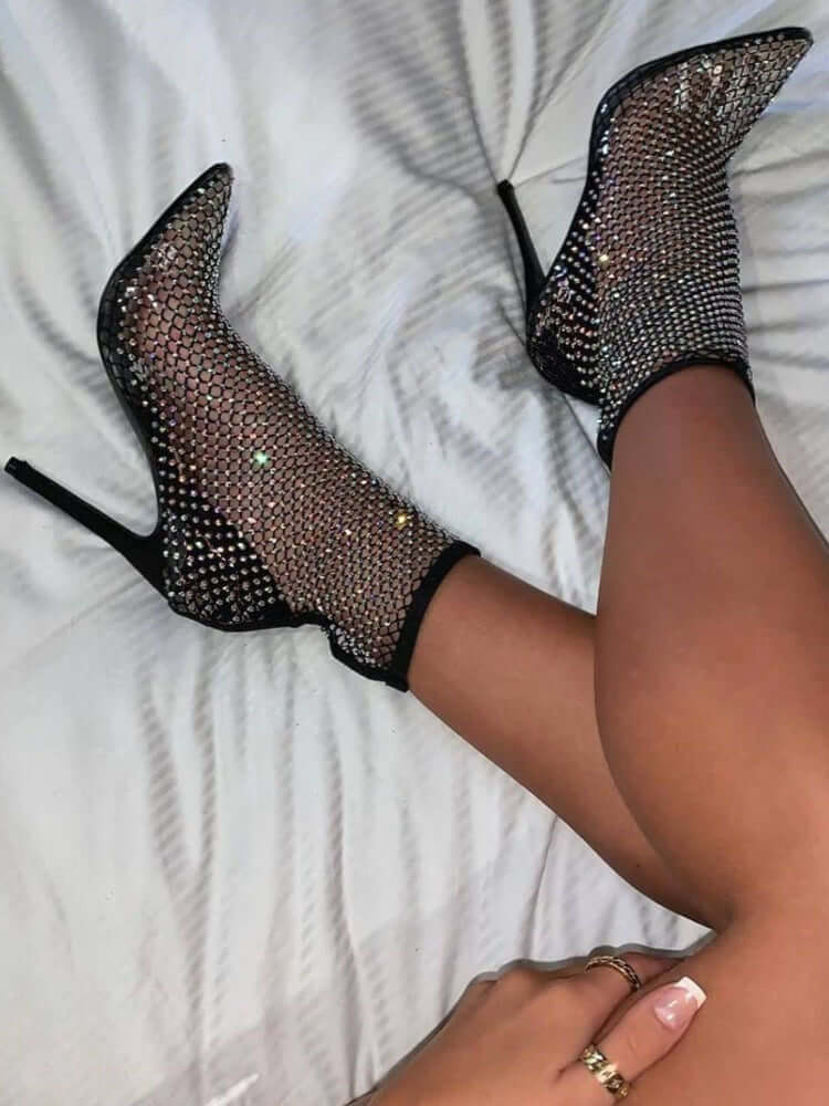 Fishnet Hollow Out Rhinestone Heel Boots