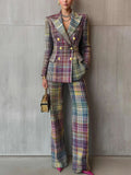 Plaid Long Sleeve Blazer Pants Suit