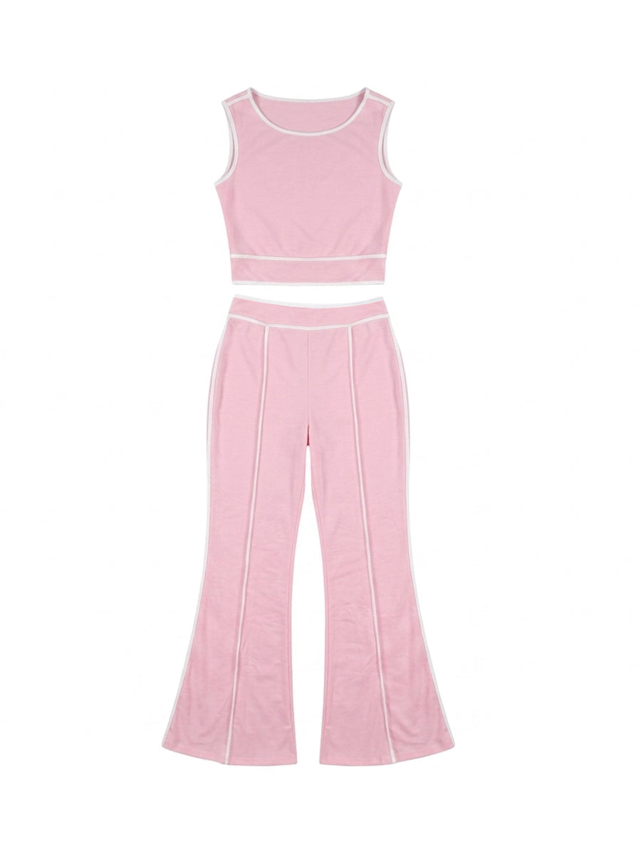 One Shoulder Stripe Trim Wide Leg Pants Set