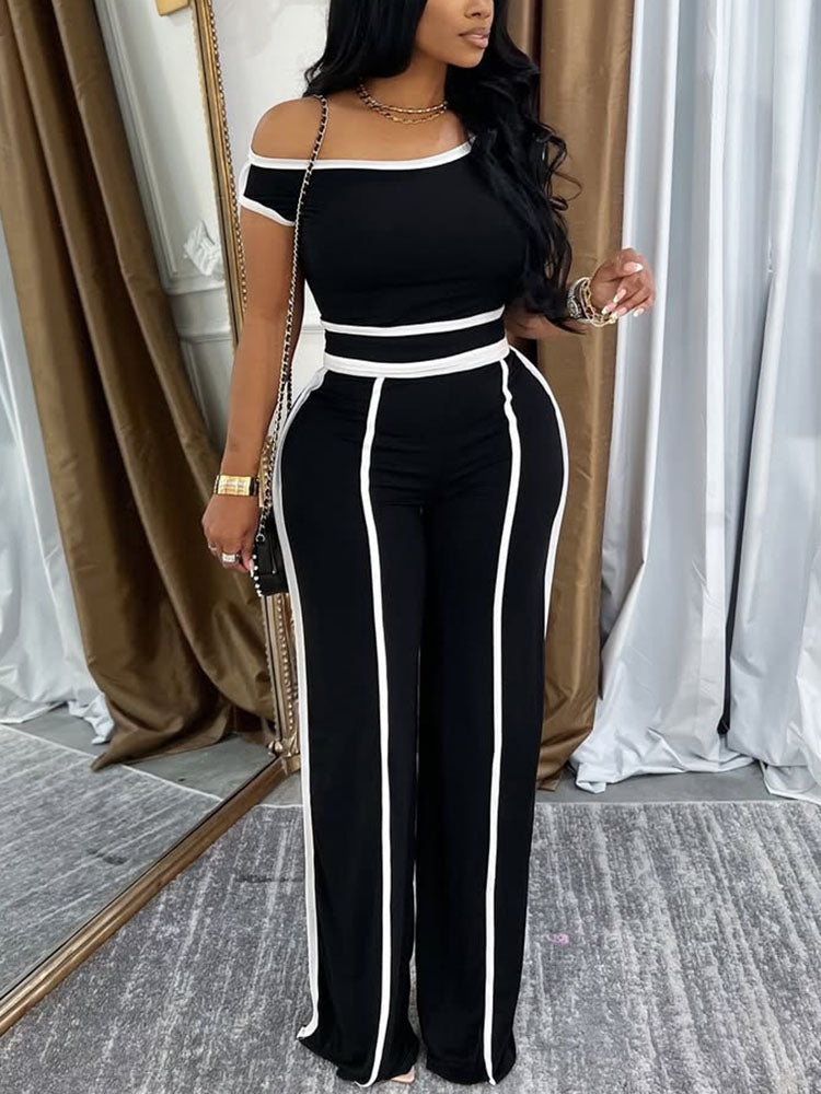 One Shoulder Stripe Trim Wide Leg Pants Set