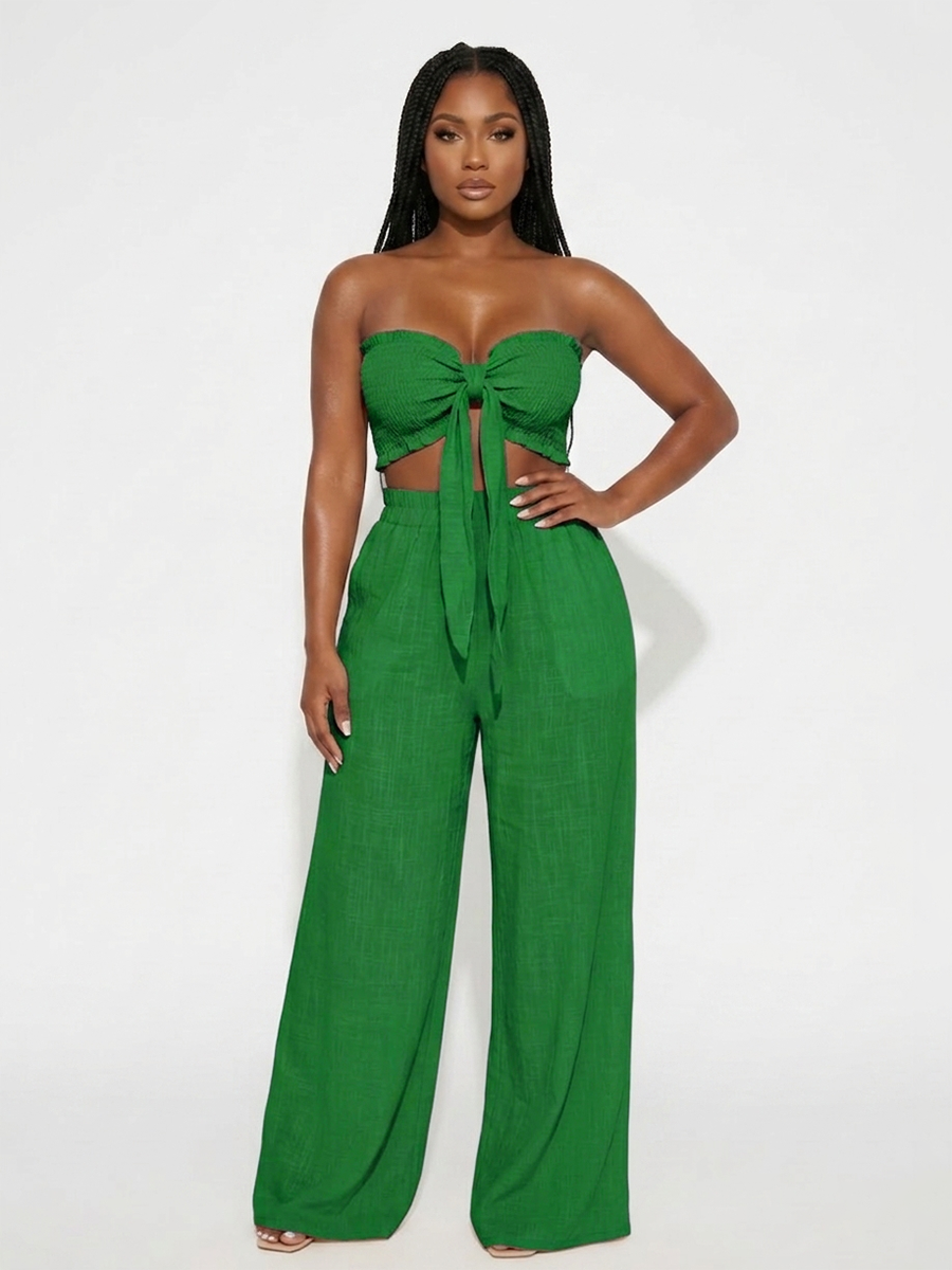 Knot Front Crop Top Wide Leg Pants Set