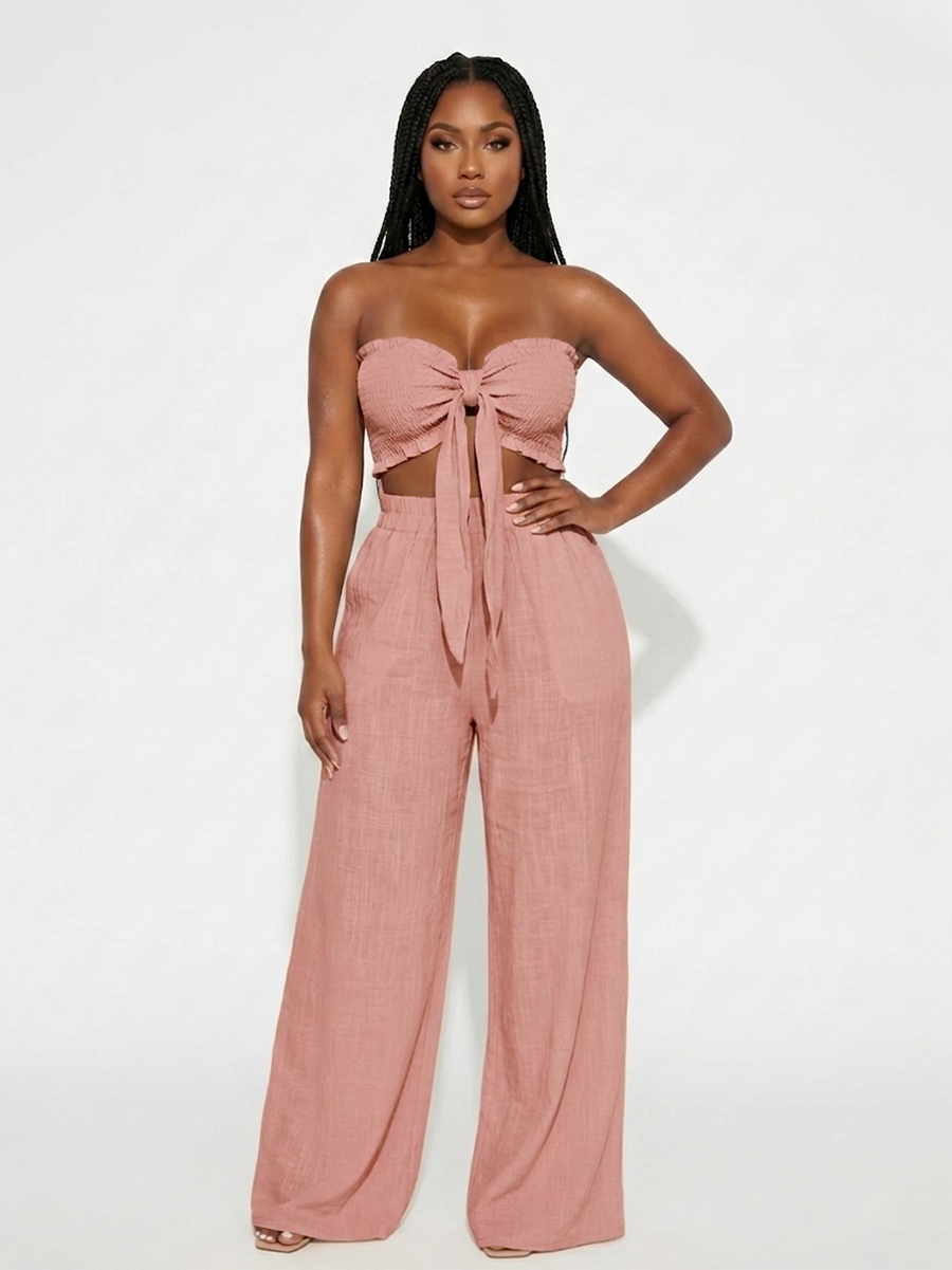 Knot Front Crop Top Wide Leg Pants Set