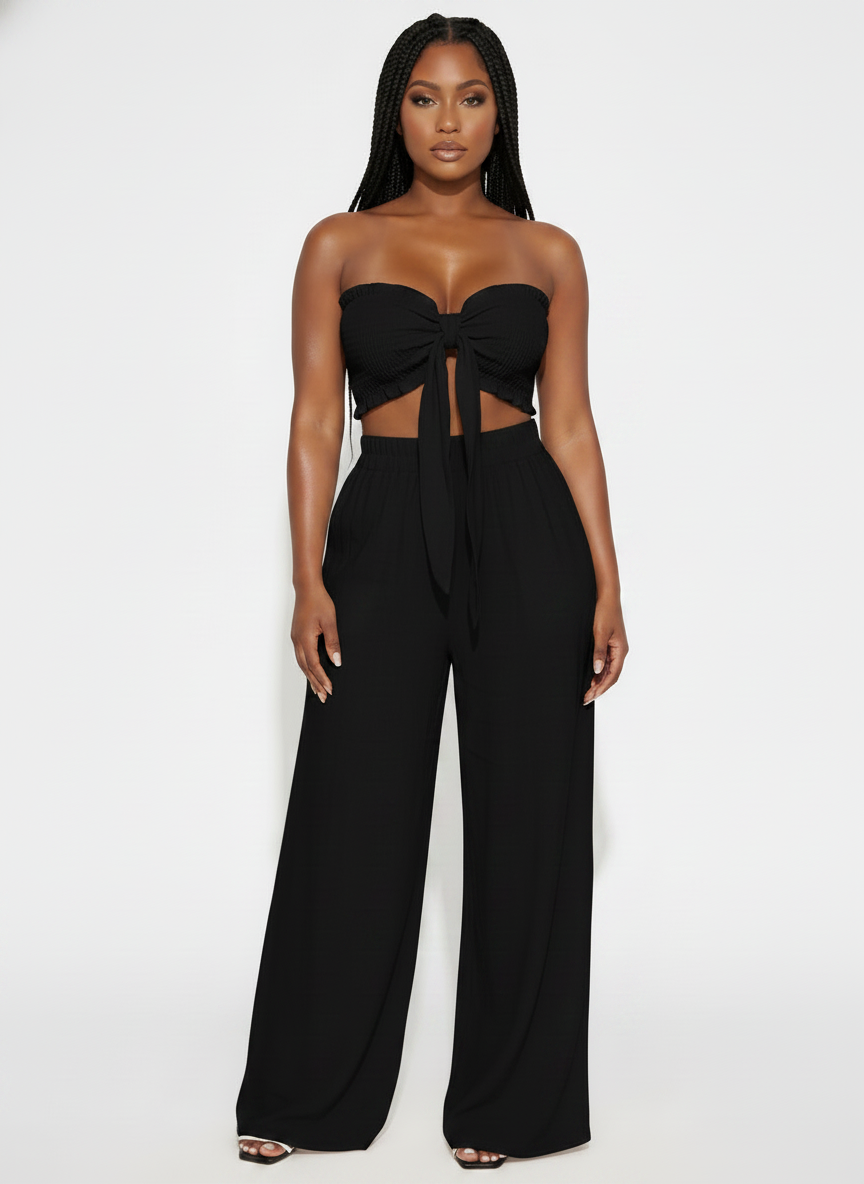 Knot Front Crop Top Wide Leg Pants Set
