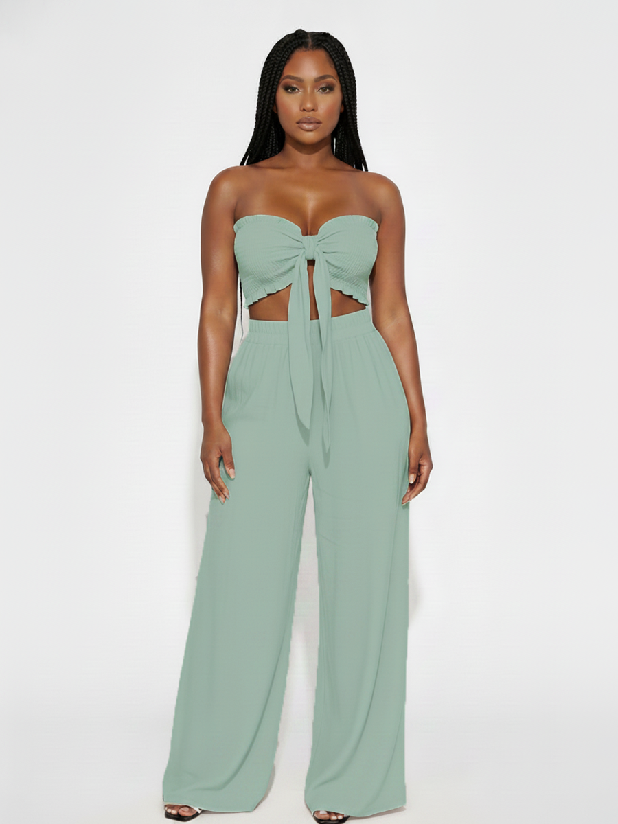 Knot Front Crop Top Wide Leg Pants Set