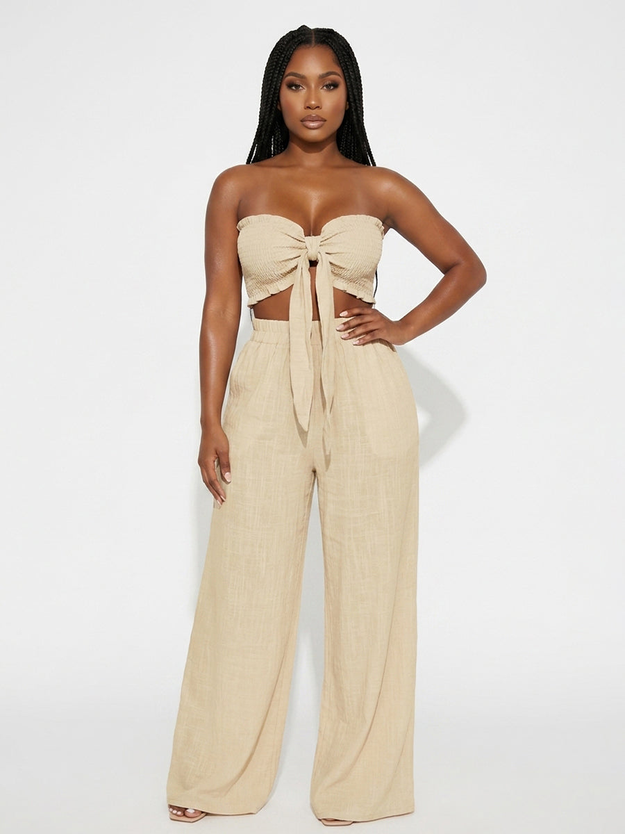 Knot Front Crop Top Wide Leg Pants Set
