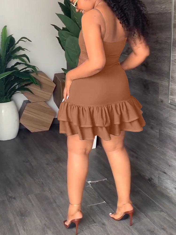 Spaghetti Strap Cut Out Ruffle Mini Dress