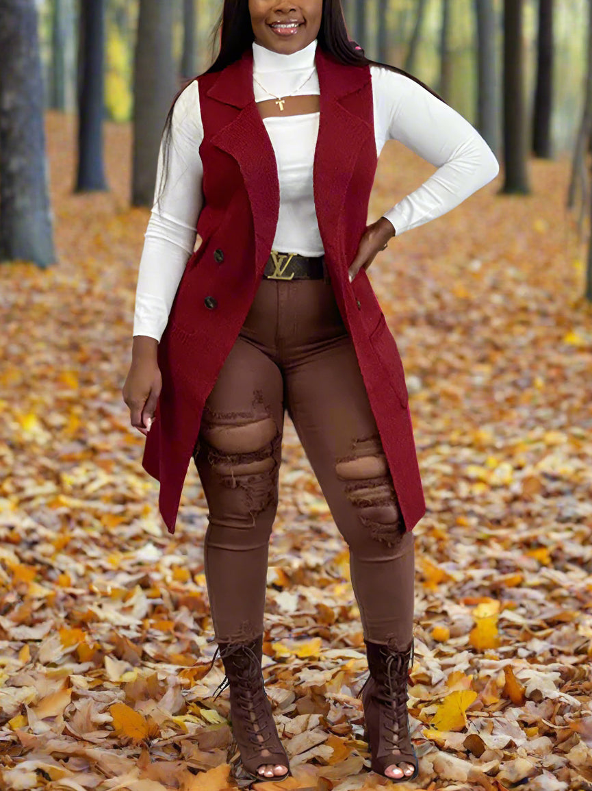 Solid Color Lapel Sleeveless Button Down Vest Jacket