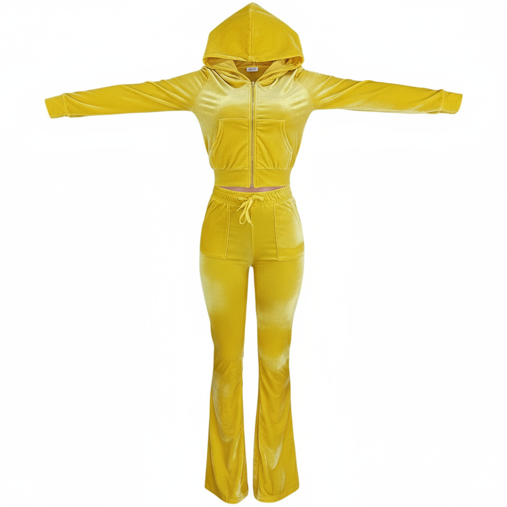 Velour Two Pieces Full Zipper Hooded Tracksuits with Pockets
