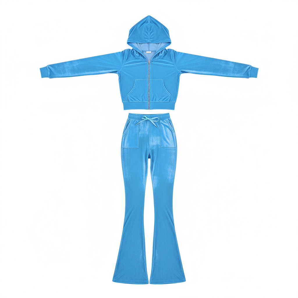 Velour Two Pieces Full Zipper Hooded Tracksuits with Pockets