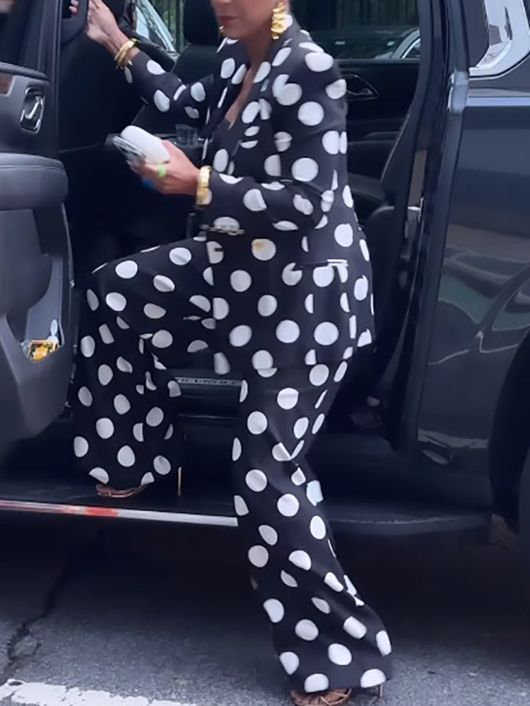 Two-Piece Polka Dot Print Pants Set with Belt