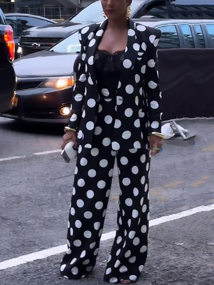 Two-Piece Polka Dot Print Pants Set with Belt