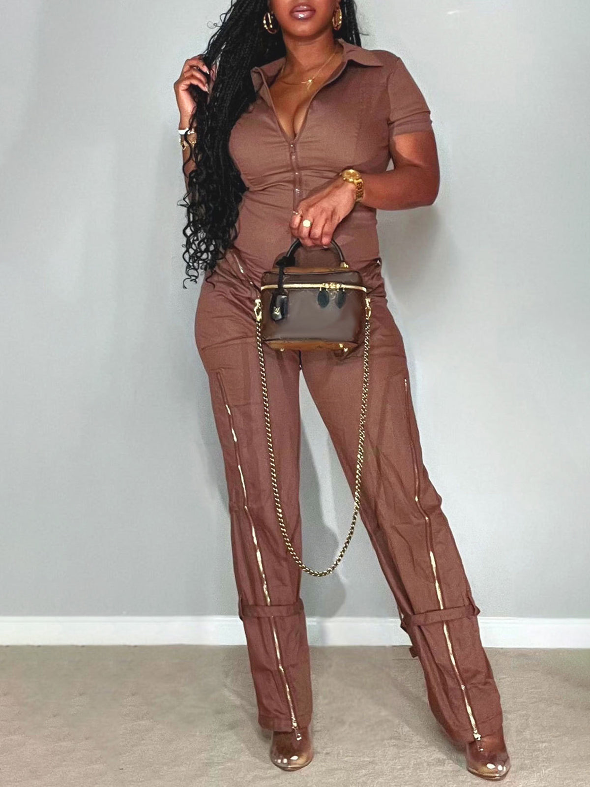Short Sleeve Zipper Pocket Wide Leg Jumpsuit