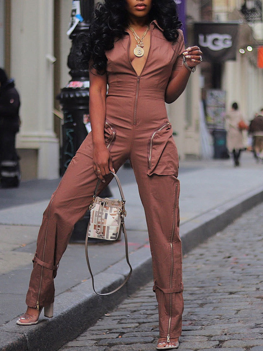 Short Sleeve Zipper Pocket Wide Leg Jumpsuit