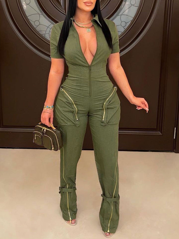 Short Sleeve Zipper Pocket Wide Leg Jumpsuit