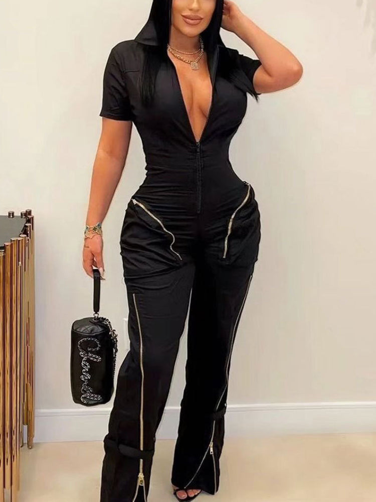 Short Sleeve Zipper Pocket Wide Leg Jumpsuit