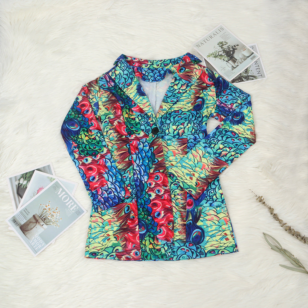 Two Piece Print Jacket High Footless Stockings Set