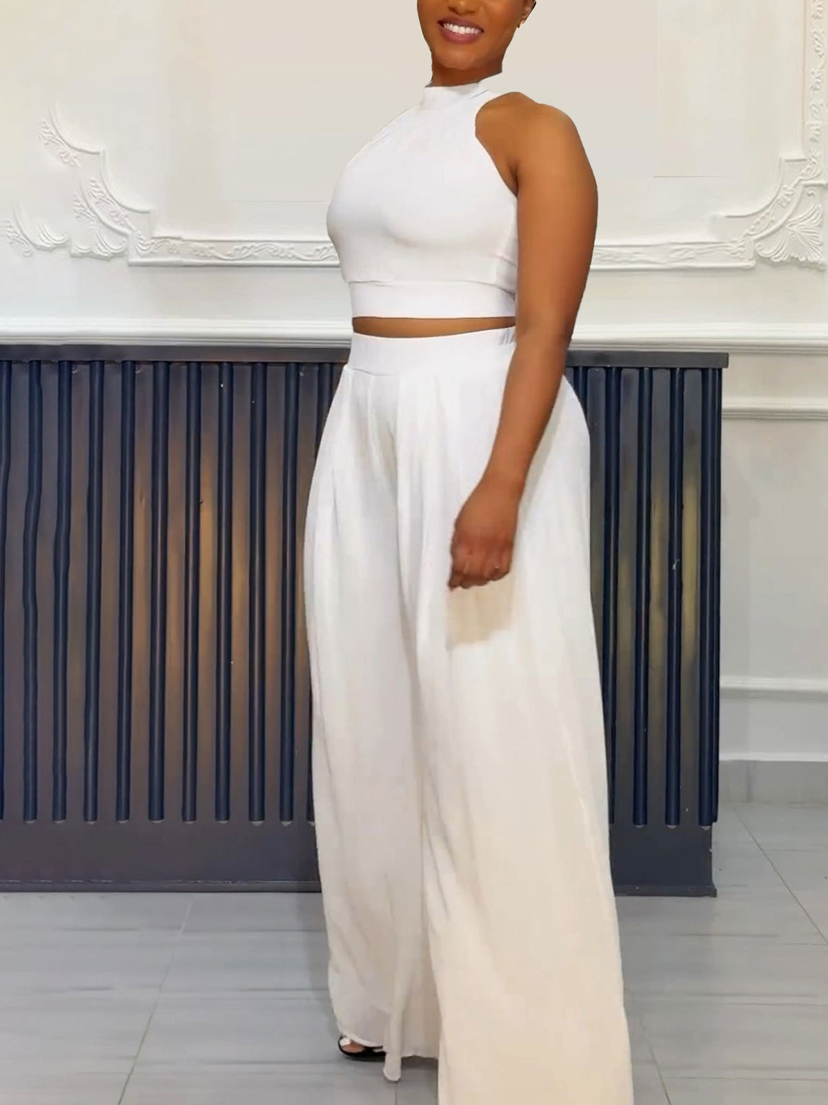 Two-Piece Halter Neck Top Wide Leg Pants Set